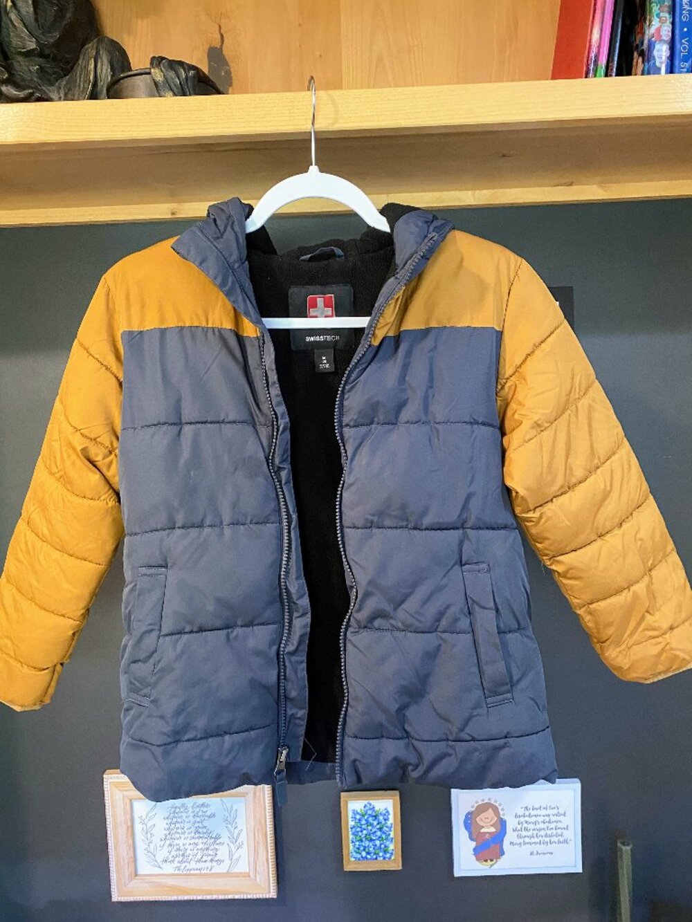 Swiss Tech Boys Colorblock Puffer Jacket Hooded Coat Blue Yellow Size M 8